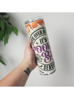 Halloween Themed Tumbler Spiderwebs Pumpkins Bats Candy Corn Stainless Steel NEW
